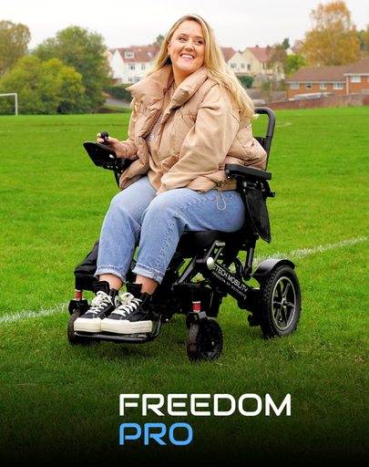 Black freedom pro lightweight folding electric wheelchair by Etech Mobility for multi terrain use