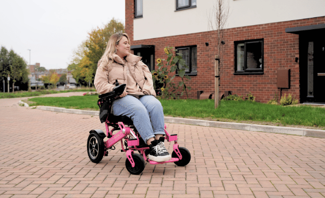 Folding, lightweight powerchair in Pink by Etech Mobility