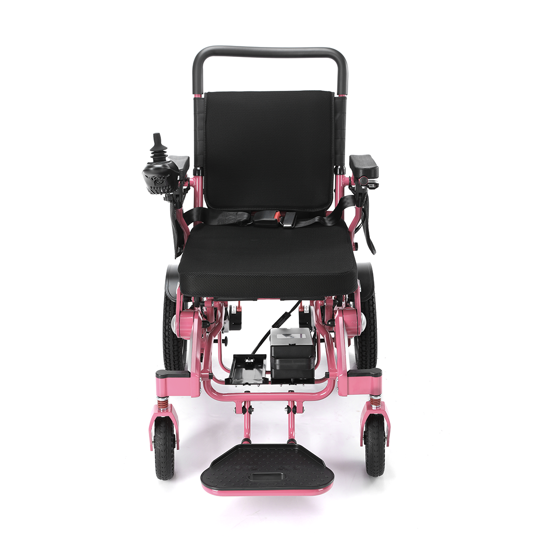 Front view of the Freedom Pro lightweight folding electric wheelchair in limited edition pink by Etech Mobility