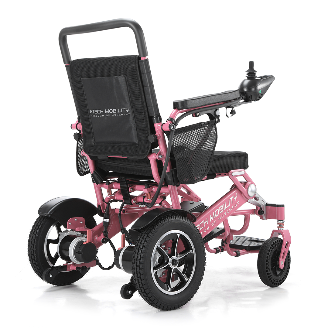 Powerchair by Etech Mobility in limited edition pink for traveling. Lightweight and foldable with airline friendly batteries.