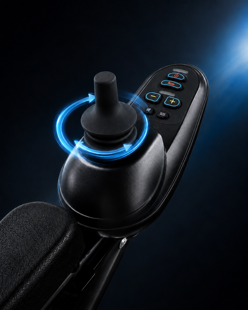 Etech Mobility Horizon 7 360 intuitive joystick for lightweight, foldable, electric wheelchair