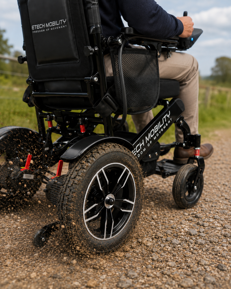 Horizon 7 lightweight foldable electric wheelchair with large 12 inch pneumatic tyres and suspension 