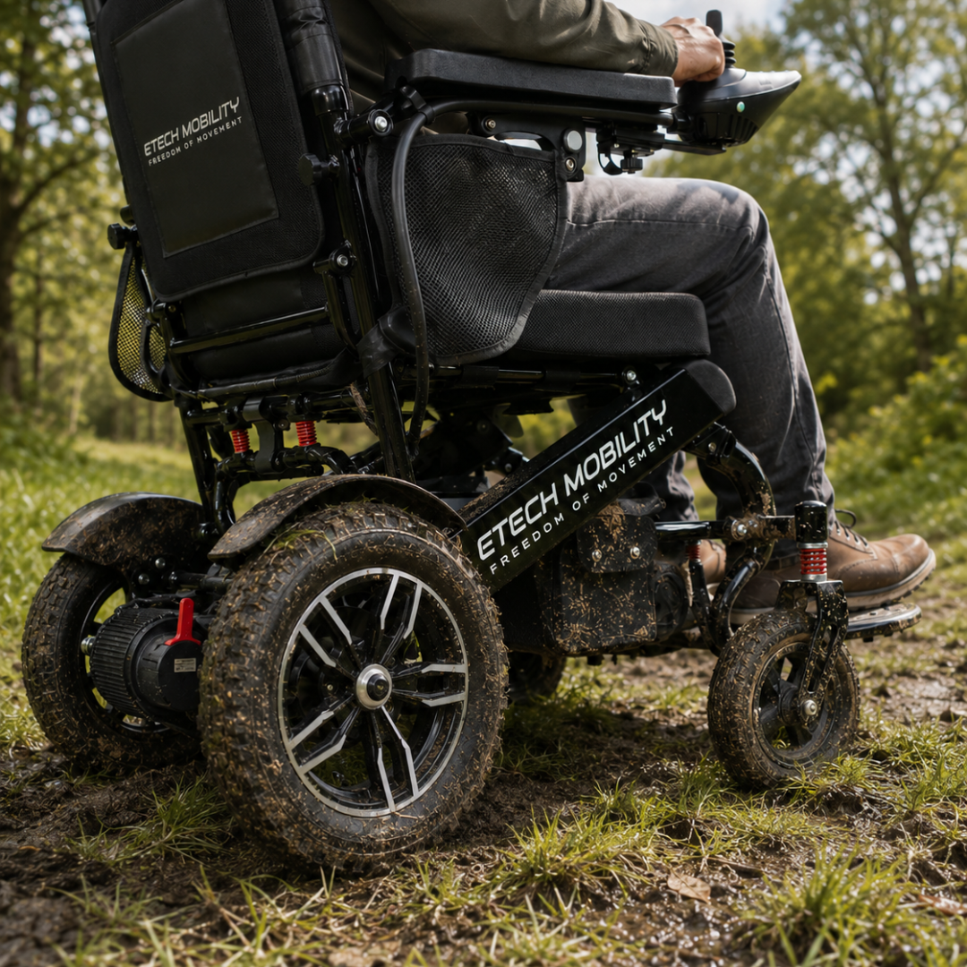 Horizon 7 lightweight foldable electric wheelchair by etech mobility designed for rough terrain