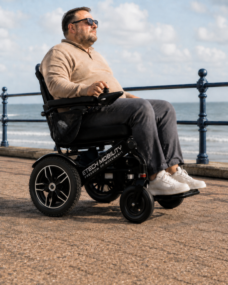 Horizon 7 lightweight foldable electric wheelchair 120kg weight capacity for muliti terrain by Etech Mobility