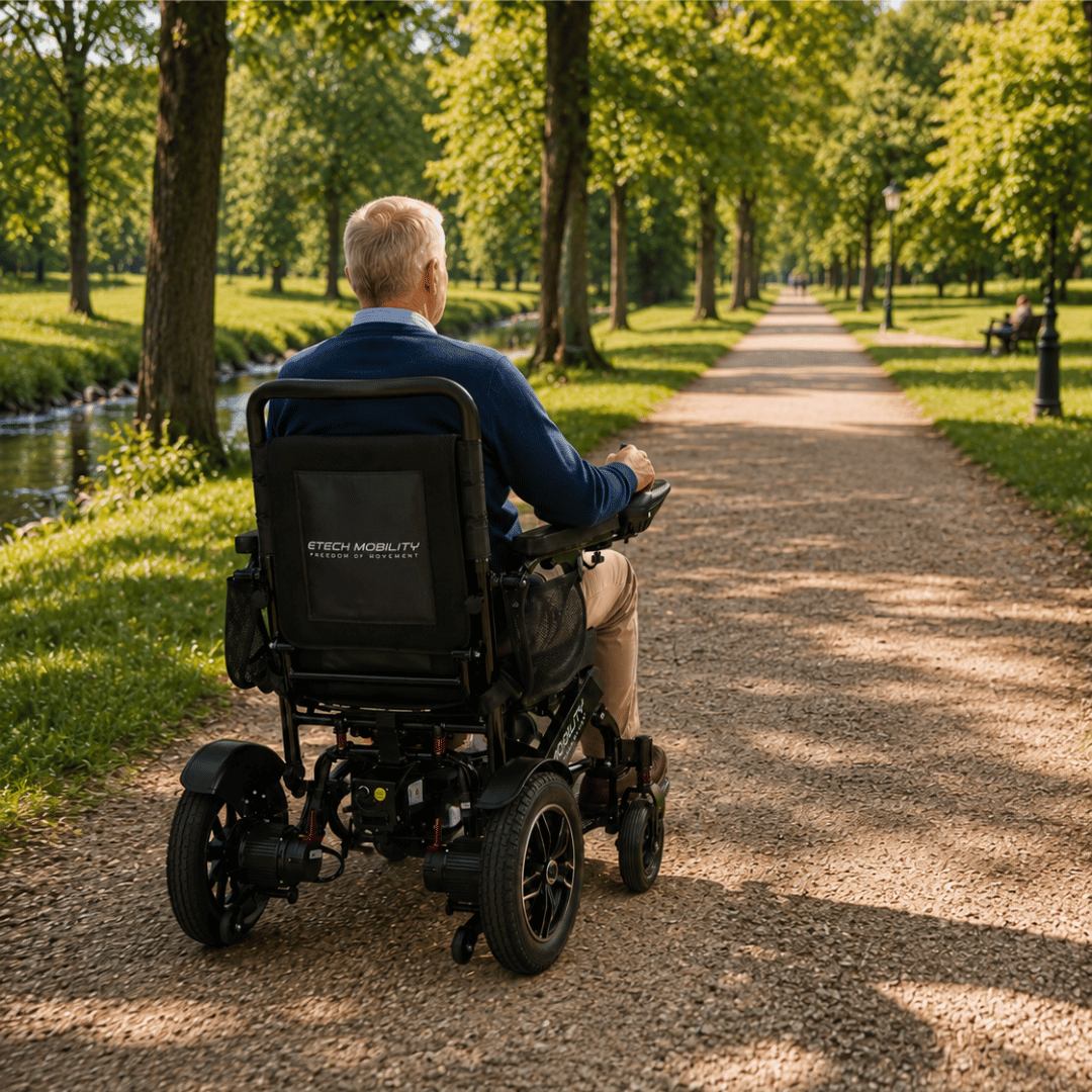 Horizon 7 dual battery electric wheelchair for muliti terrain by Etech Mobility
