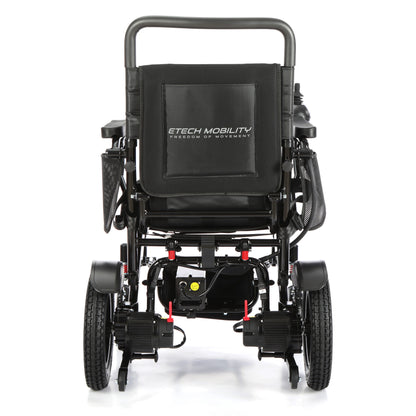 Etech Mobility Horizon 7 electric wheelchair in black, rear view showing 12-inch pneumatic rear wheels
