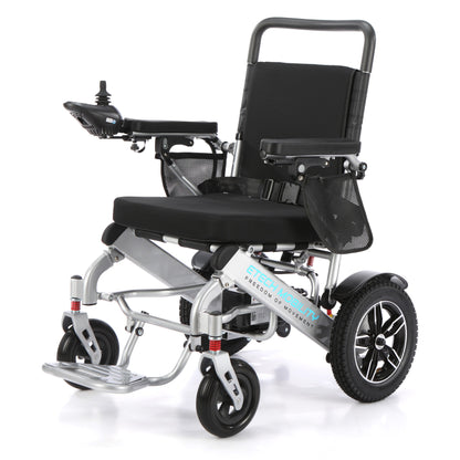 Etech Mobility Horizon 7 multi-terrain folding electric wheelchair in silver, front three-quarter view