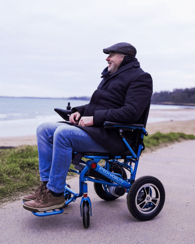 LiteMax 2 ultralightweight, foldable, electric wheelchair by Etech Mobility with large multi terrain wheels