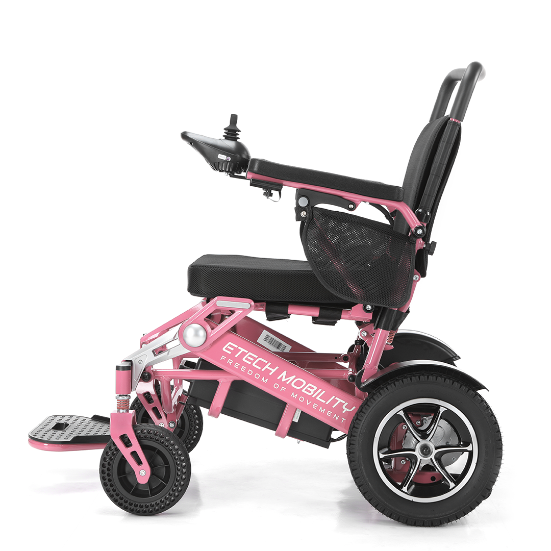 Etech Mobility lightweight folding airline friendly travel limited edition pink electric wheelchair with honeycomb tyres