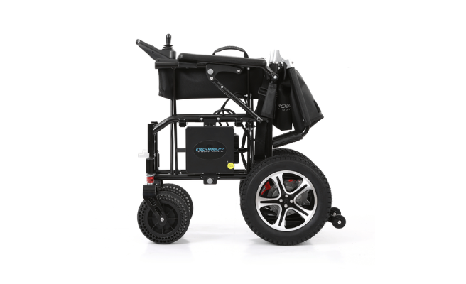 Ultralightweight, compact, folding, dual battery electric wheelchair by Etech Mobility in multiple colours