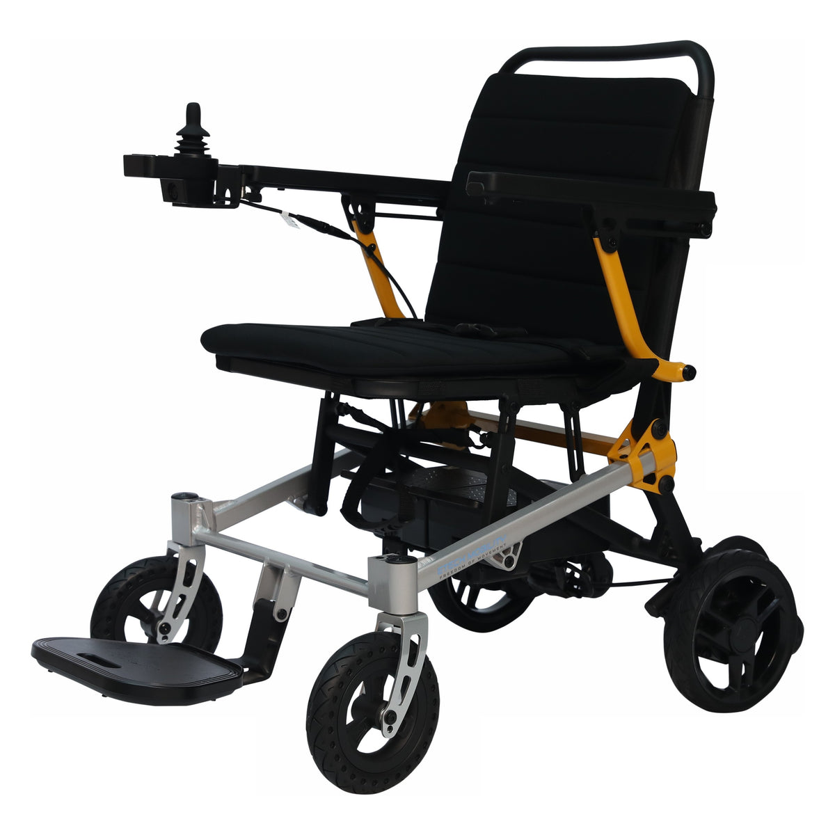 Etech Mobility MagNeo lightweight folding electric wheelchair, front three-quarter view