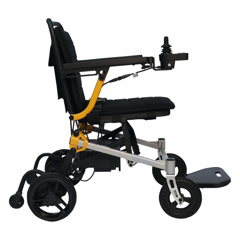 Etech Mobility MagNeo electric wheelchair, side view with armrest raised showing joystick control