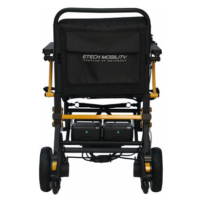 Etech Mobility MagNeo electric wheelchair, rear view showing dual batteries