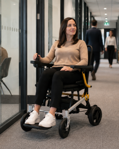 Lightweight folding magnesium electric wheelchair with a maximum 120kg weight capacity by Etech Mobility | MagNeo