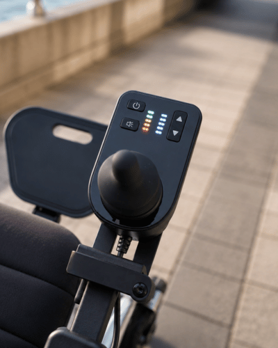 Lightweight folding MagNeo electric wheelchair with split cable intuitive 360 joystick by Etech Mobility