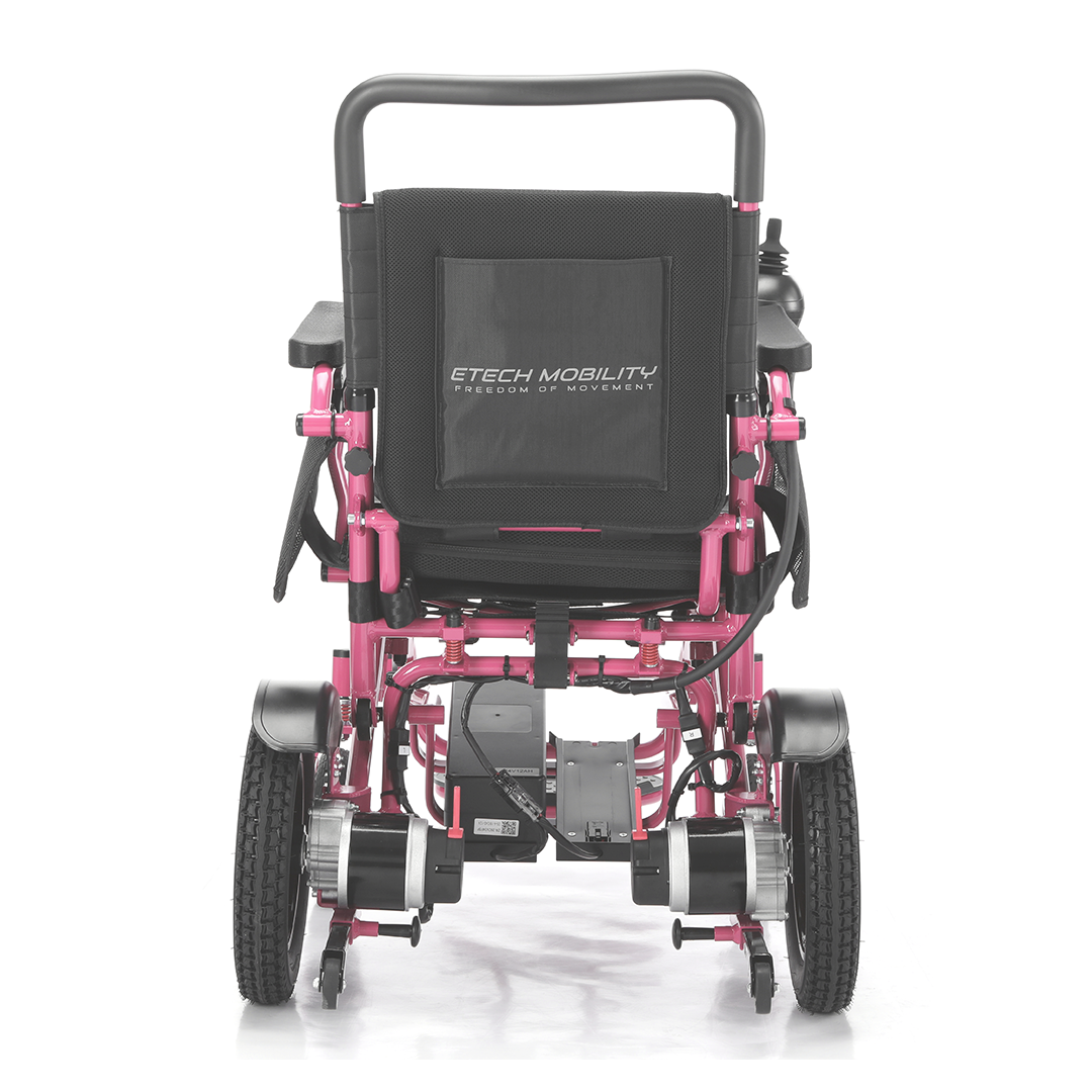 Powerful 350 watt motor folding electric wheelchair by Etech Mobility in pink colour 