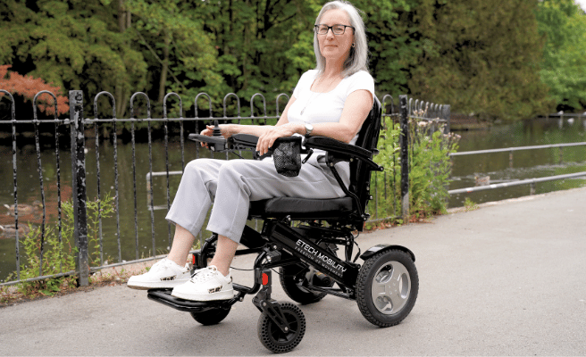 Quick release sine wave brushless motors for lightweight, folding electric wheelchair | Y20 Luxe by Etech Mobility