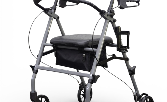 Walker rollator in grey designed by Etech Mobility with built in storage and seat