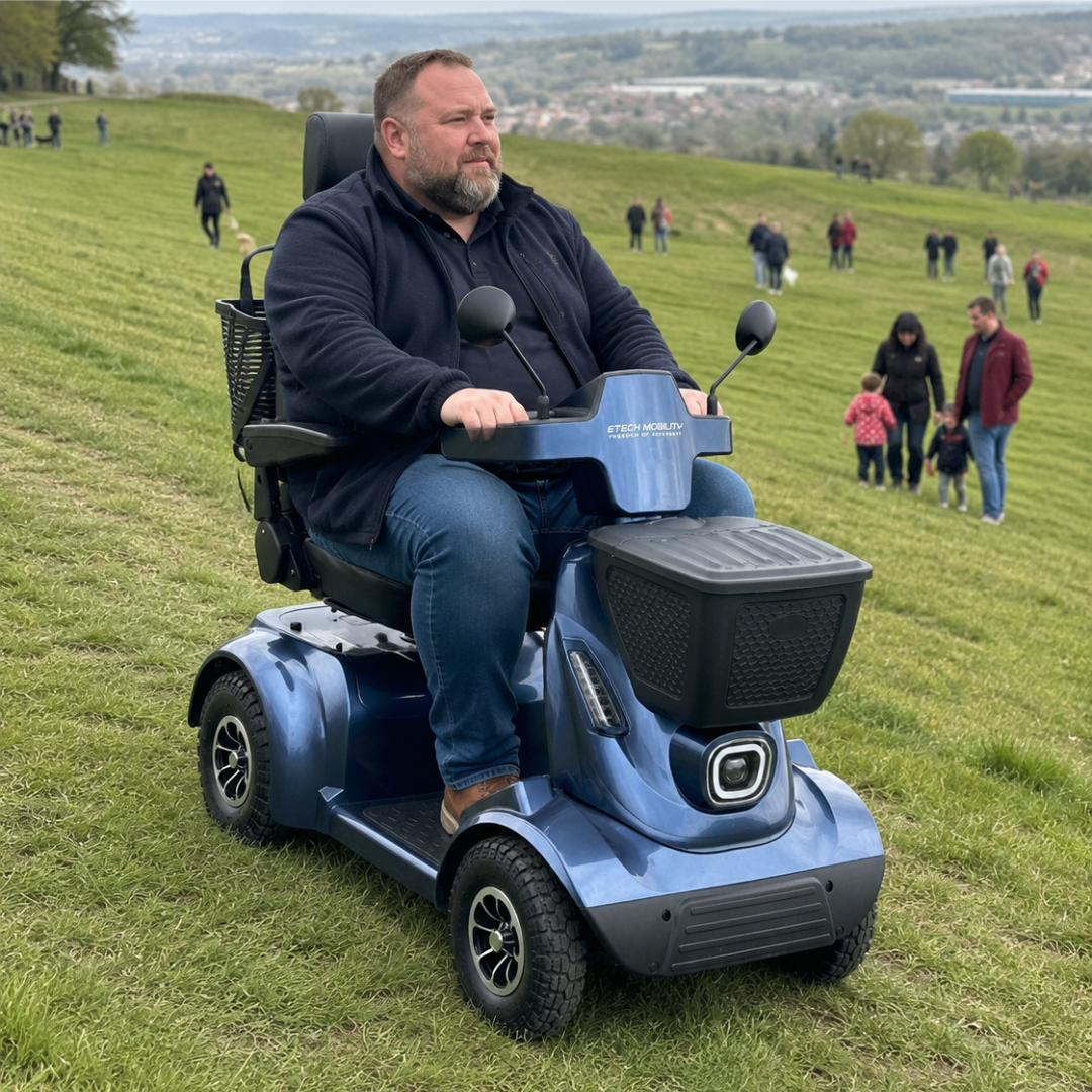 Sentinel road legal 6-8mph mobility scooter designed for comfort on rough terrain by Etech Mobility