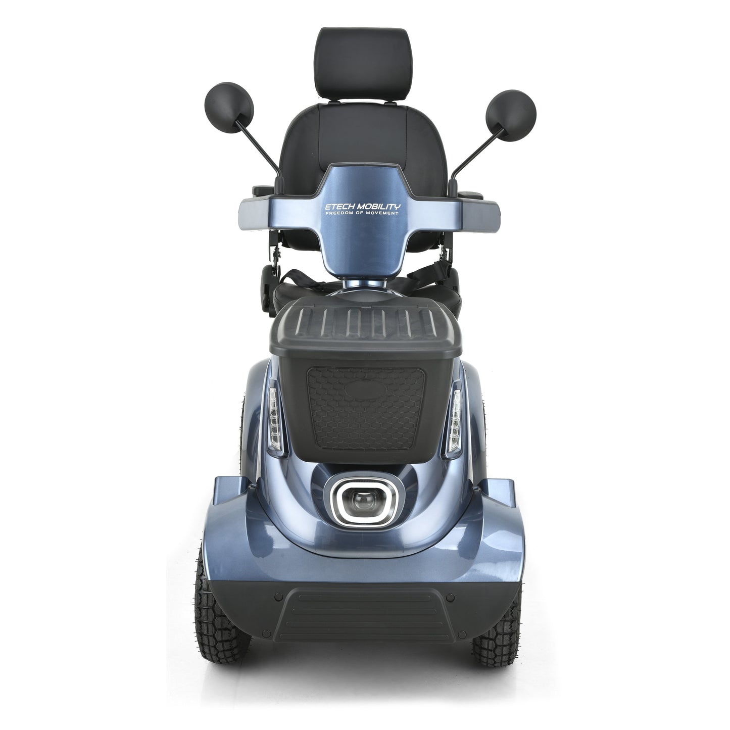 Etech Mobility Sentinel mobility scooter, front view with lights and mirrors