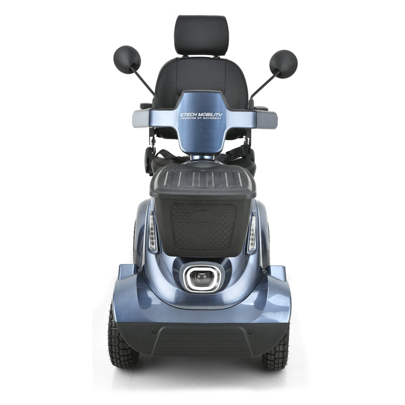 Etech Mobility Sentinel mobility scooter, front view with lights and mirrors