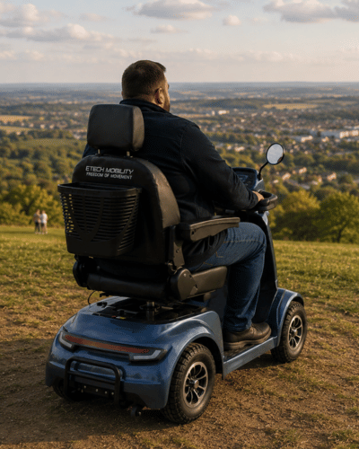 240kg high capacity blue sentinel off road mobility scooter designed for rough terrain by Etech Mobility