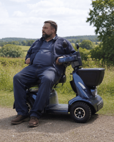 Sentinel blue heavy duty, off road mobility scooter with adjustable captain seat for easy access by Etech Mobility