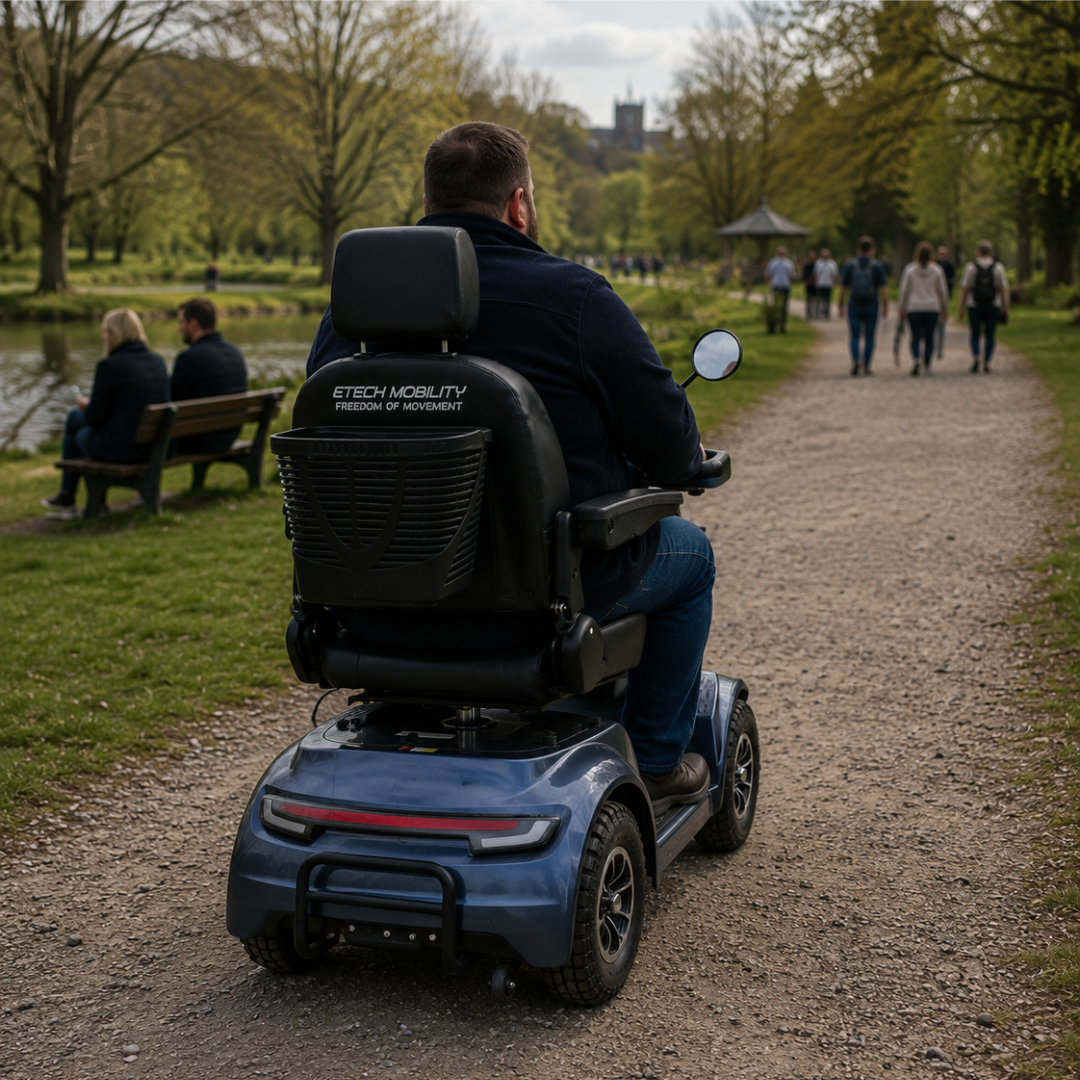 Sentinel off road, road legal, 6-8 mph brushless motor mobility scooter and thick 12 inch wheels by Etech Mobility