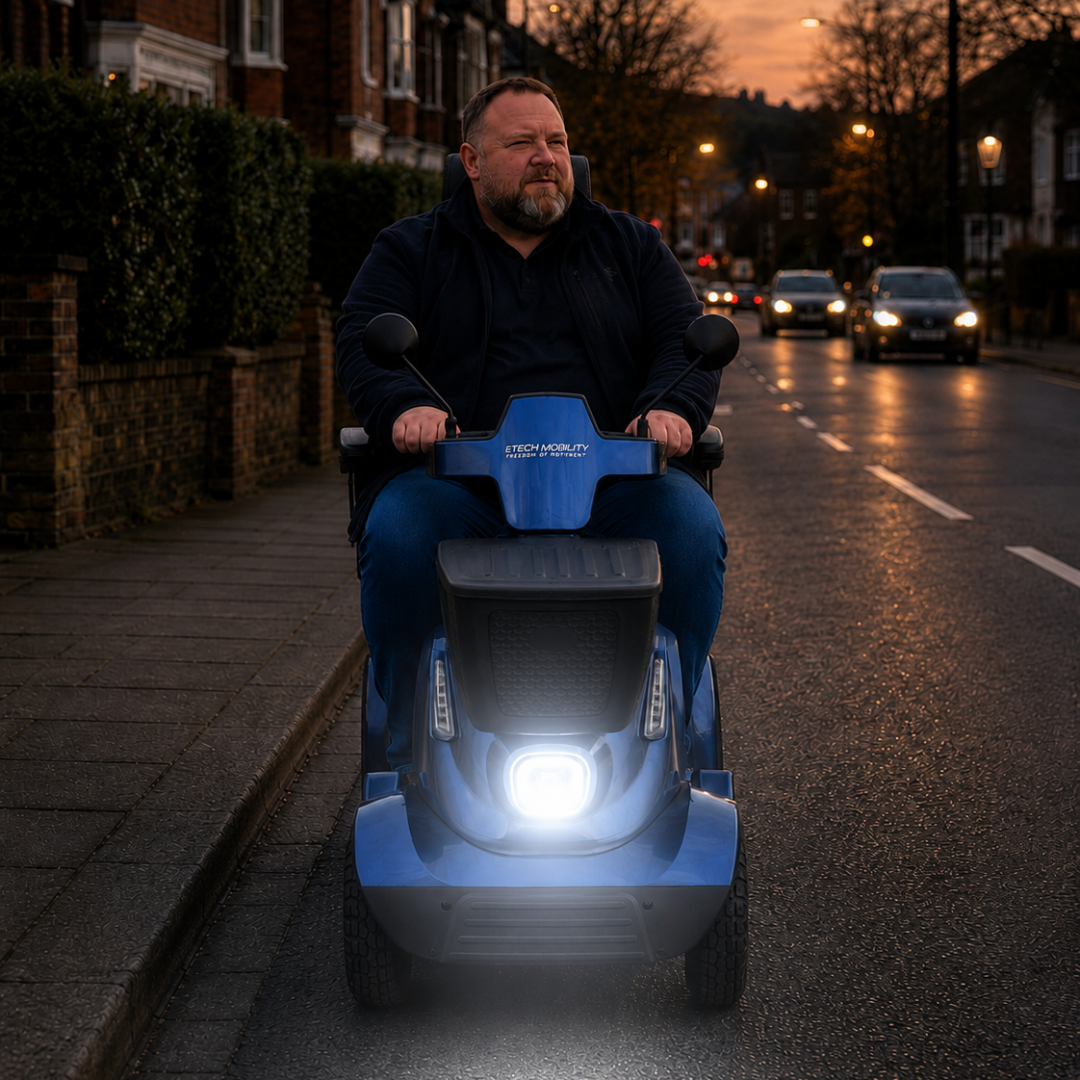 Sentinel road legal 6-8 mph mobility scooter designed for all terrain with fitted lights and hazard by Etech Mobility