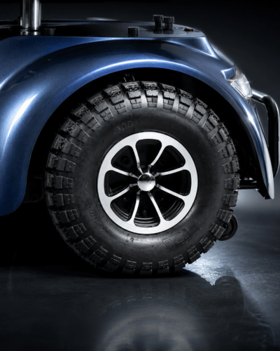Blue Sentinel large 12 inch wheels designed for off road travel and rough terrain by Etech Mobility