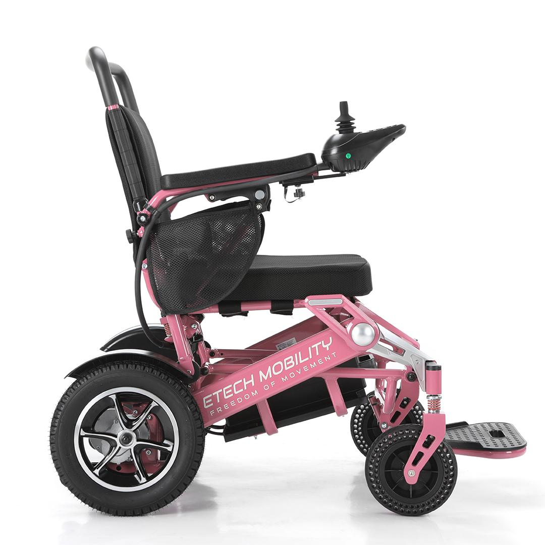 Etech Mobility UK Limited Edition Pink Freedom Pro ST lightweight folding electric wheelchair side view 