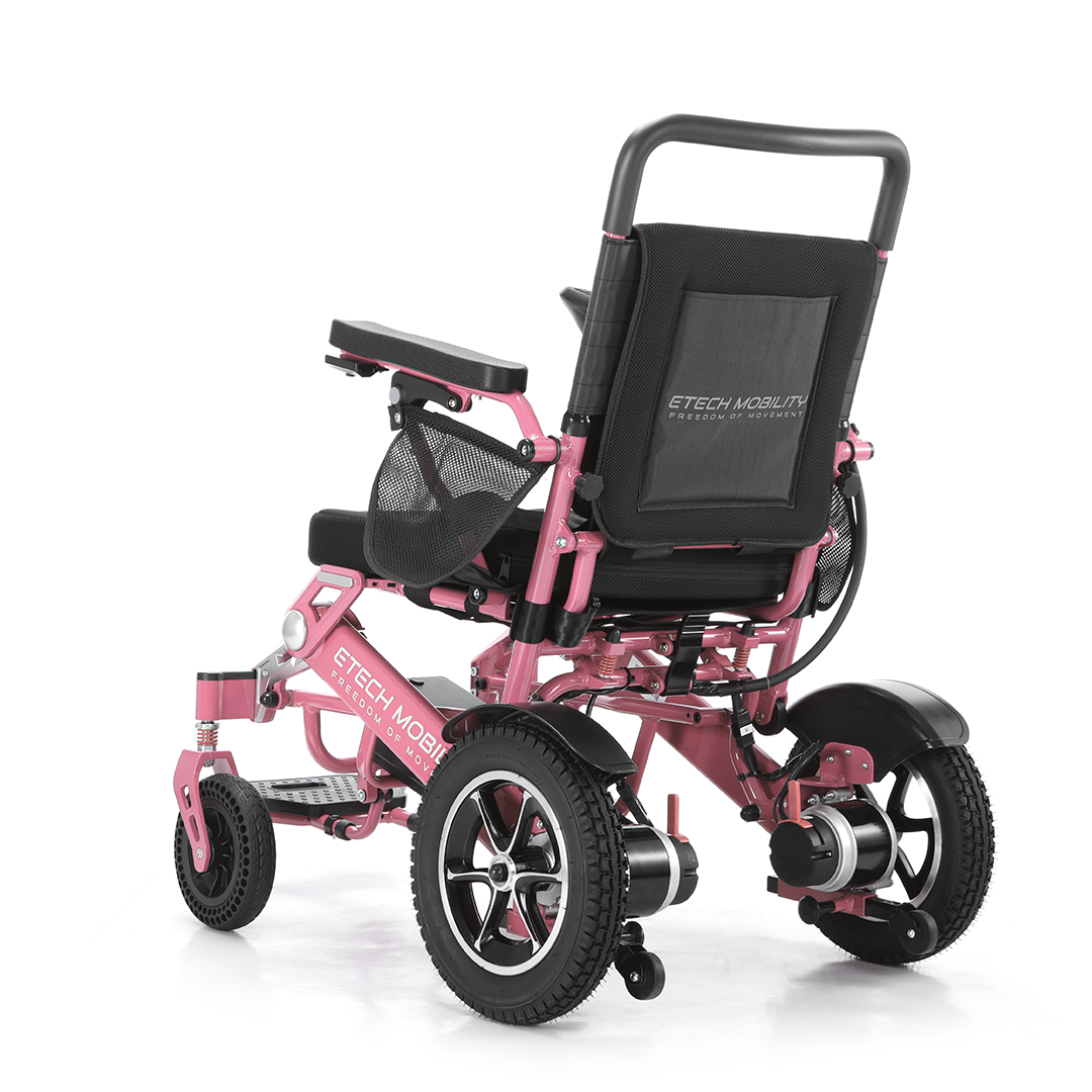 Lithium airline friendly battery foldable lightweight electric wheelchair in limited edition pink by Etech Mobility