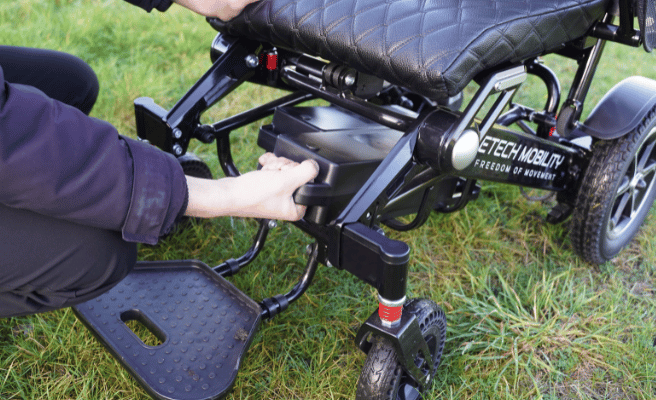Lightweight, folding, electric wheelchair with front access, slide in, twin battery slots with long range | Etech Mobility
