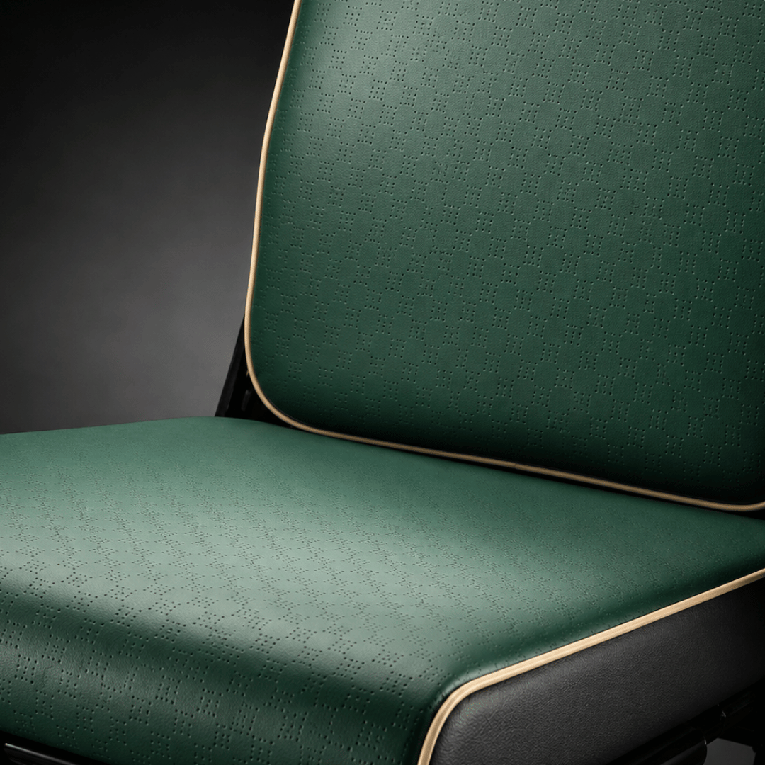 Two-tone breathable leather upholstery in multiple colours designed for lightweight folding electric wheelchairs by Etech Mobility