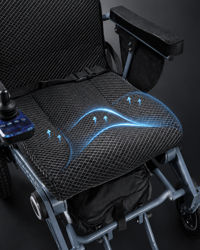 Vanguard 200 lightweight foldable electric wheelchair for bariatric users with a padded comfort seat by Etech Mobility