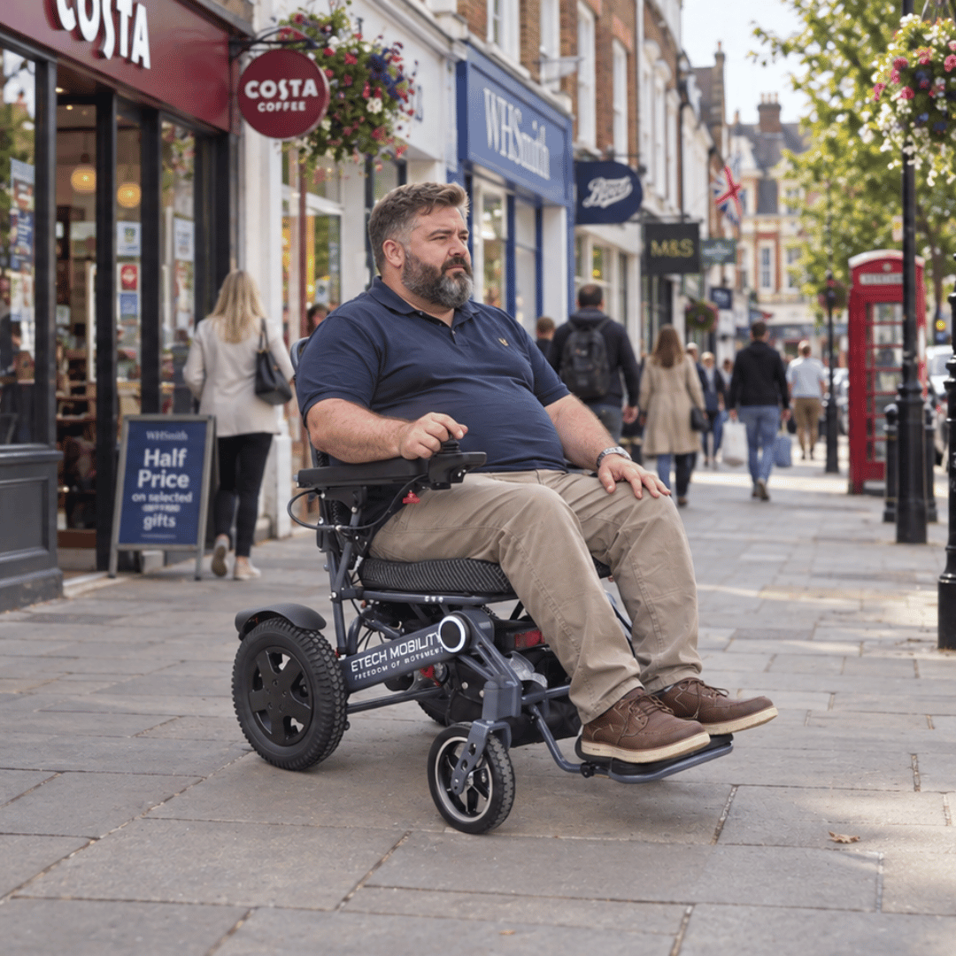 Vanguard 200 lightweight folding heavy duty electric wheelchair designed for bariatric users by Etech Mobility