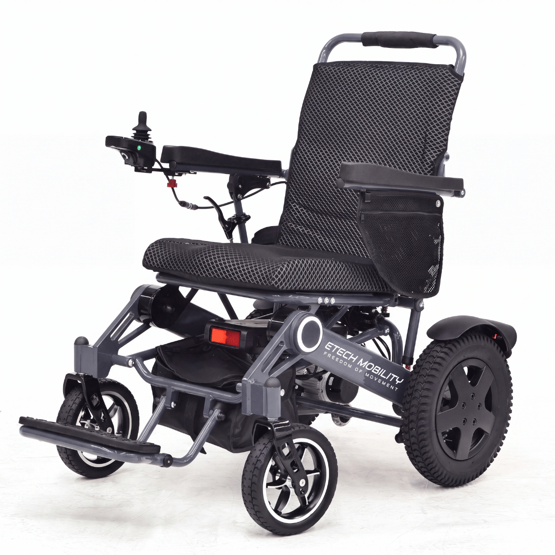 Vanguard 200 lightweight folding bariatric electric wheelchair in dark grey with heavy load capacity by Etech Mobility