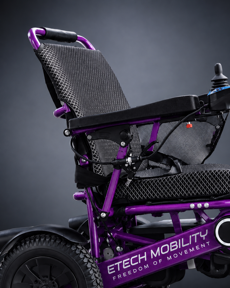 Vanguard 200 lightweight folding bariatric electric wheelchair with a manual reclining backrest for comfort by Etech Mobility