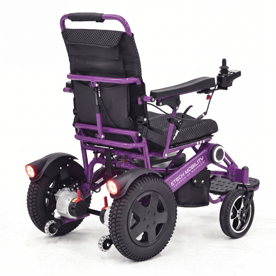 Vanguard 200 purple rear view bariatric lightweight folding electric wheelchair with powerful sine wave brushless motors by Etech Mobility
