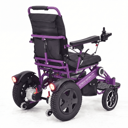 Vanguard 200 purple rear view bariatric lightweight folding electric wheelchair with powerful sine wave brushless motors by Etech Mobility