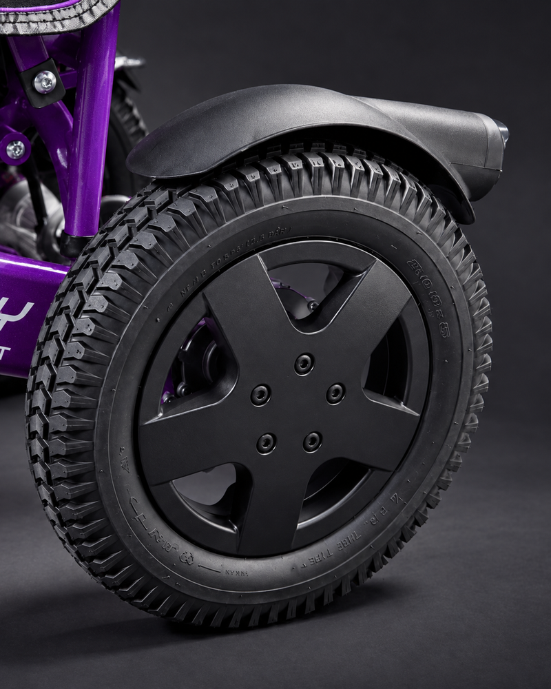 Vanguard 200 lightweight folding bariatric electric wheelchair with thick rear and front solid tyres by Etech Mobility