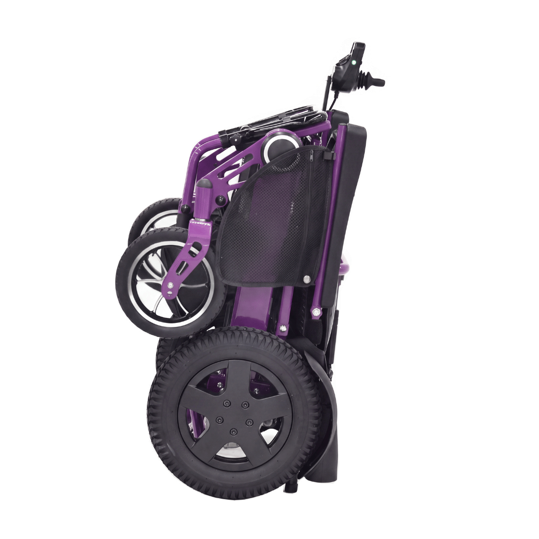 Vanguard lightweight folded electric wheelchair with a manual reclining backrest and 200kg load capacity designed for travel by Etech Mobility