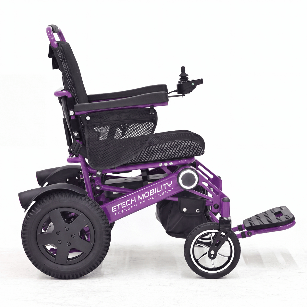 Vanguard 200 side view in purple for lightweight bariatric folding electric wheelchair by Etech Mobility