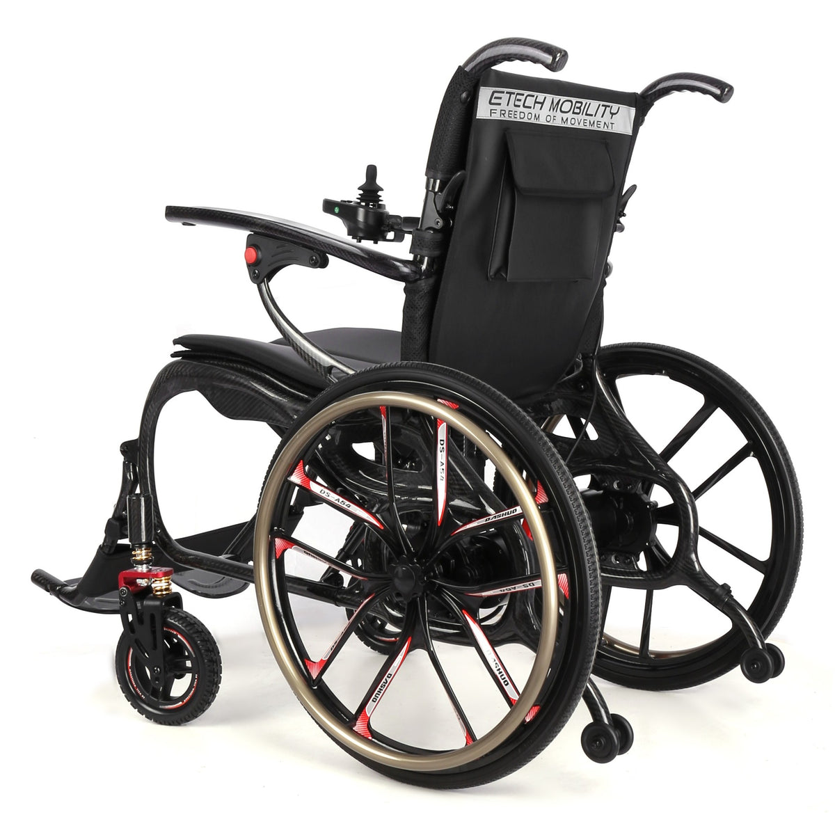 Etech Mobility Vantage Carbon electric wheelchair, front three-quarter view from the right