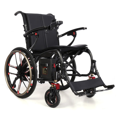 Etech Mobility Vantage Carbon electric wheelchair, right side profile with large rear wheels