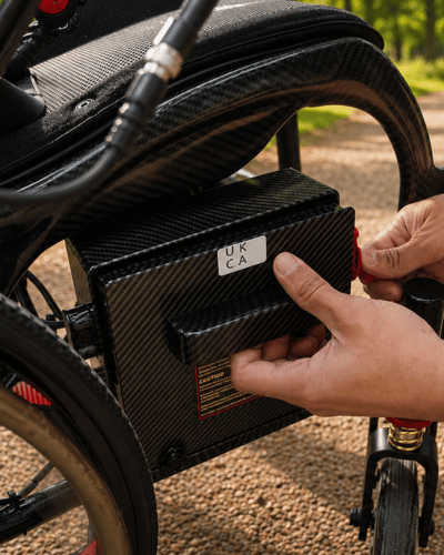Self propel lightweight, folding, Vantage Carbon electric wheelchair with airline friendly battery by Etech Mobility