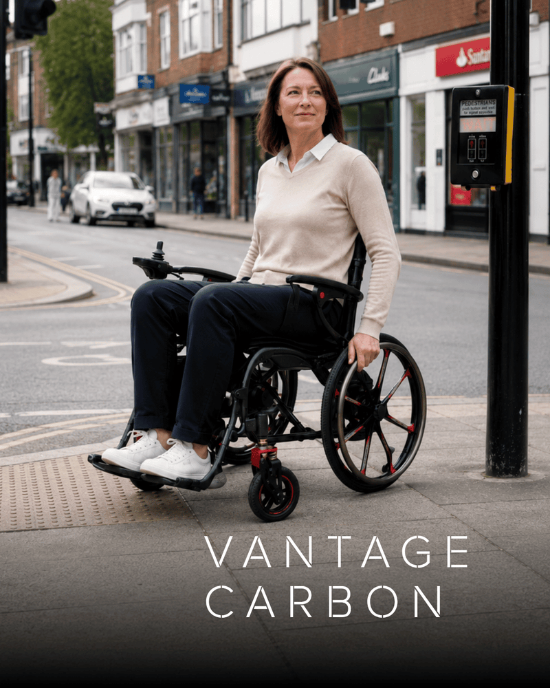 Vantage Carbon lightweight folding self propel electric wheelchair with 20 inch wheels by Etech Mobility