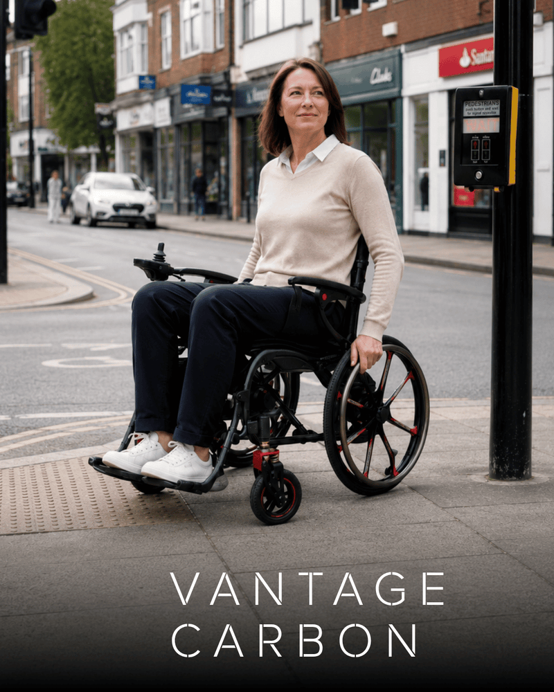 Vantage Carbon self propelling lightweight folding electric wheelchair with 20 inch wheels by Etech Mobility