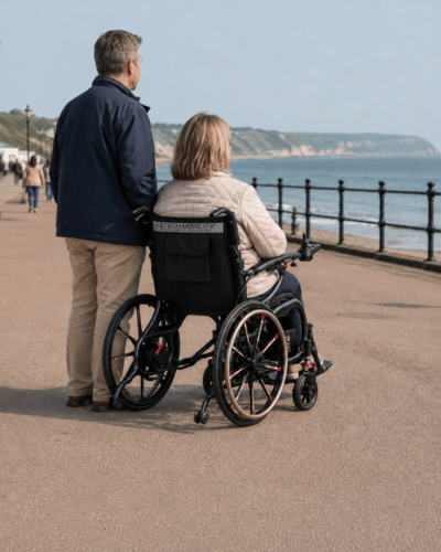 Vantage Carbon self propelling lightweight foldable electric wheelchair designed for smooth indoor and outdoor terrain by Etech Mobility