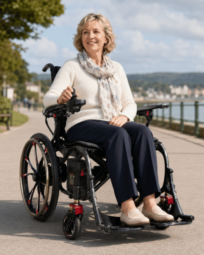 Vantage Carbon lightweight folding electric wheelchair with high 120kg weight capacity from Etech Mobility